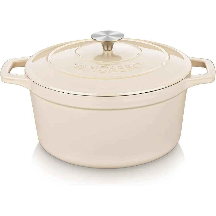 

Cast Iron Dutch Oven, 6 QT Round Pot with Lid and Dual Handles, Non Stick Enamel Coating for Bread Baking, White