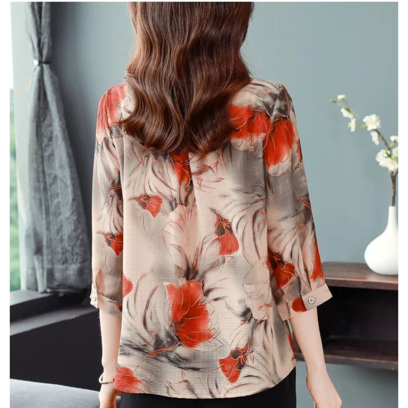 Minimalist Commuter 2024 Summer New Women\'s Blouse Polo-Neck Button Printed Elegant Slim All-match 3/4 Sleeve Shirt Tops