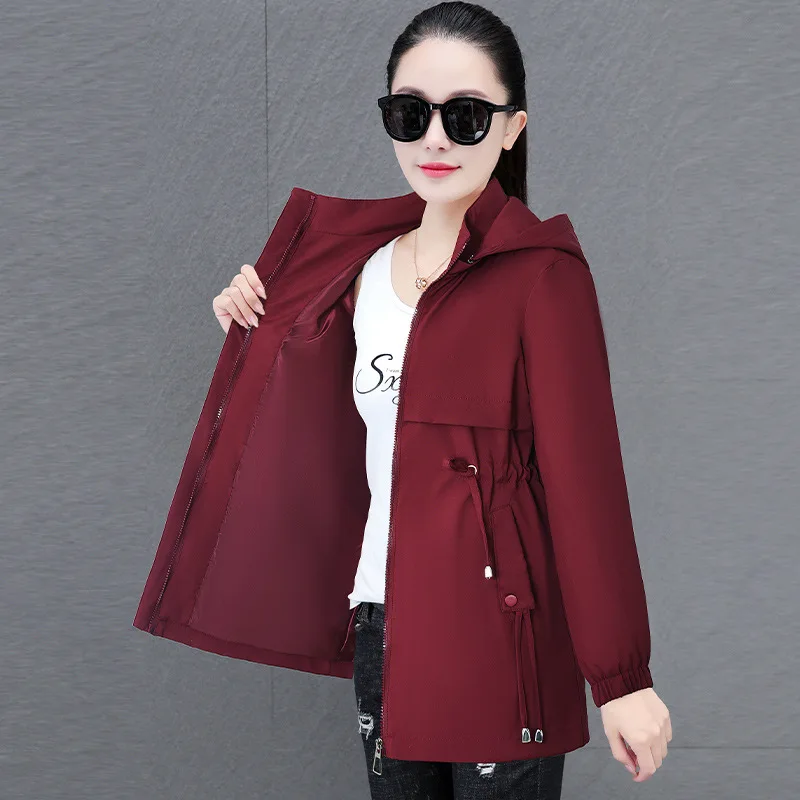 Double Layer Women Spring Autumn Korean Plus Size Lining Windbreaker Drawstring Waist Stand Collar Jacket Jackets for Women