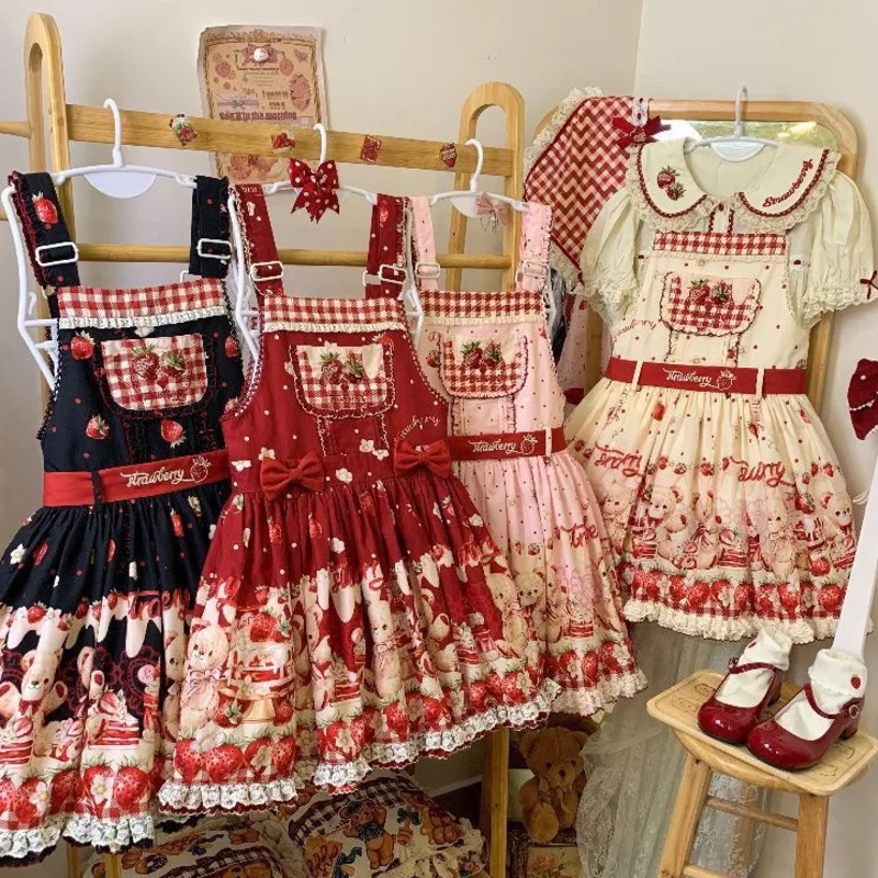 

Strawberry Embroidery Strap Lolita Dresses Set Y2K Cake Bear Velvet Bow Printed Letter Checkered Hollow Strap Skirt Dresses New