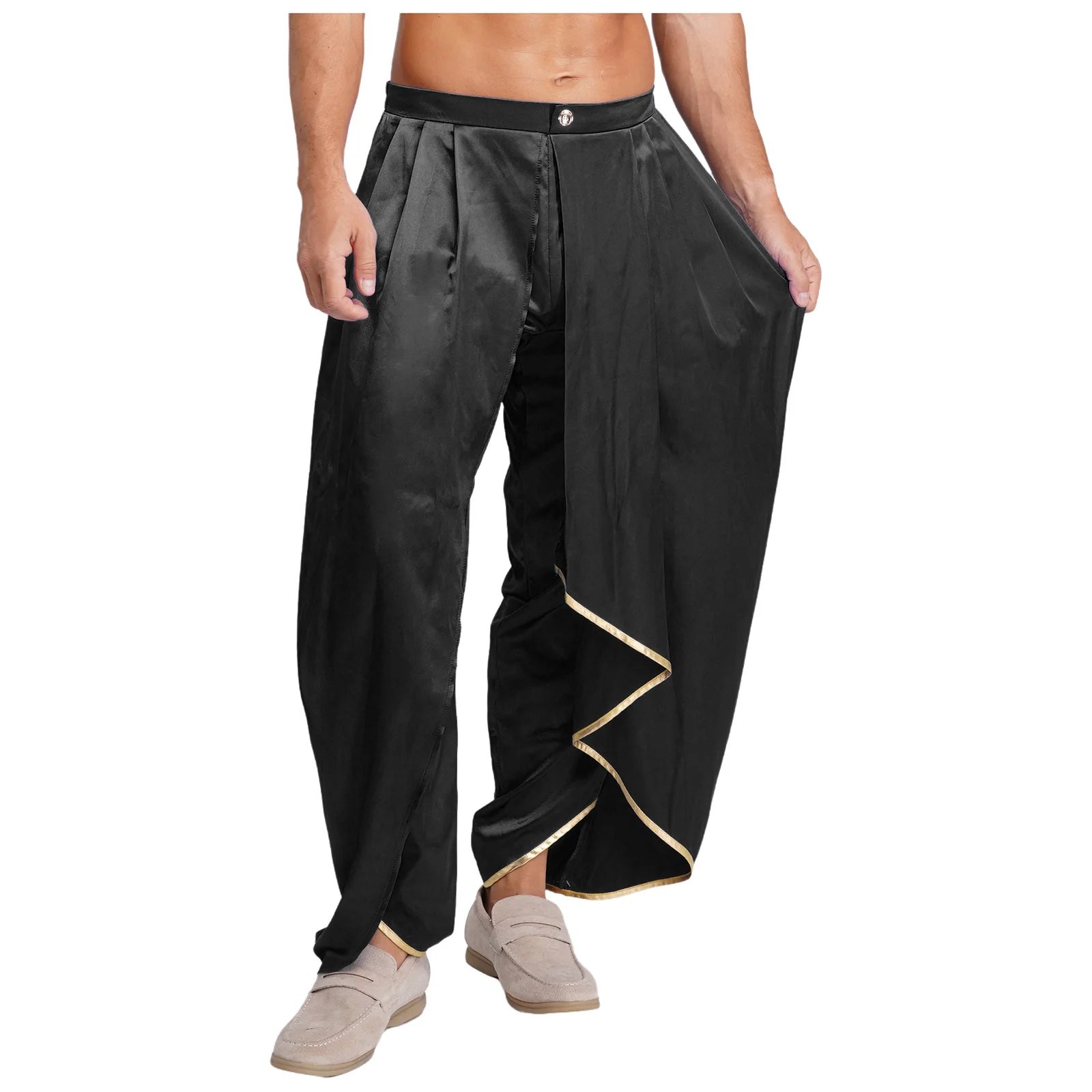 

Men's Renaissance Prince Pleated Drapes Dhoti Pants Casual Elastic Back Waist Satin Baggy Trousers for Halloween Theme Party