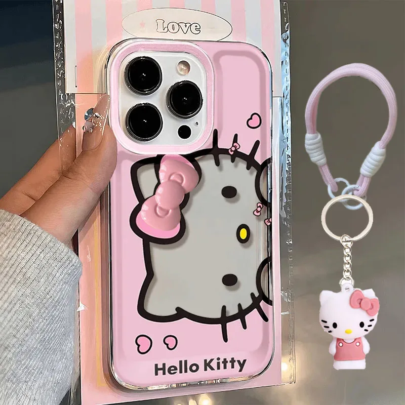 Pink Hello Kitty Face Bow Strap Phone Case For iPhone 16 15 14 13 12 11 Pro Max XR XS MAX 7 8 PLUS MINI Kawaii Y2K Lovely Cover