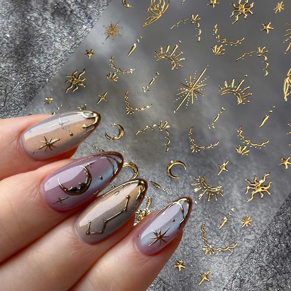 1 stks Hot Stamping Sterren Maan Nail Art Sticker Goud Zilver Griekse Stijl Zon Vlinder Nail Decals Zelfklevende glanzende Nail Decora