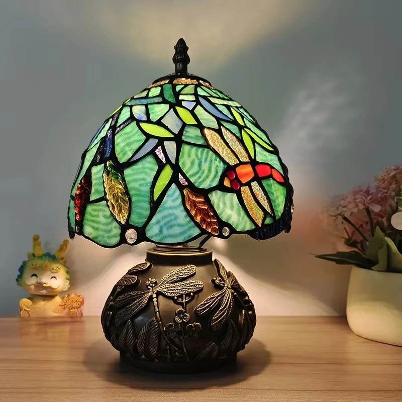 Frankreich Tischlampe, 20,3 cm, Buntglas-Nachttischlampe, rote Rose, Schreibtisch-Leselampe, Schlafzimmer, Wohnzimmer, Heimbüro