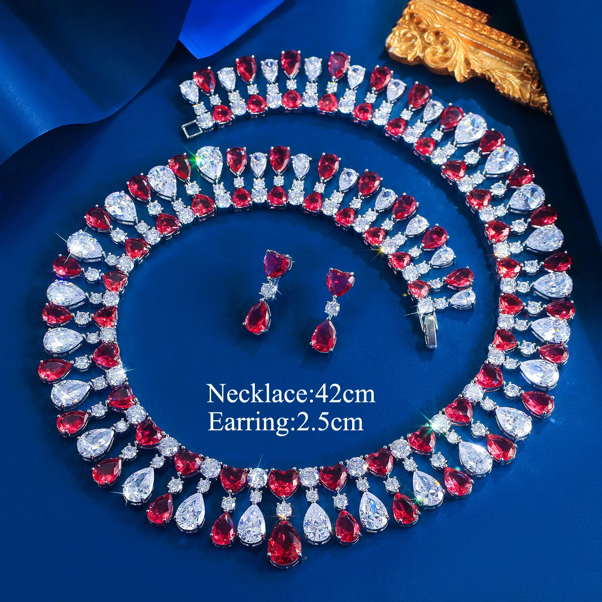 CWWZircons Luxuriöses Set aus roter CZ-Herz-Wassertropfen-Choker-Halskette und Ohrringen für Damen, Hochzeits- und Party-Schmuck, Großhandel T1010 – Detail 1