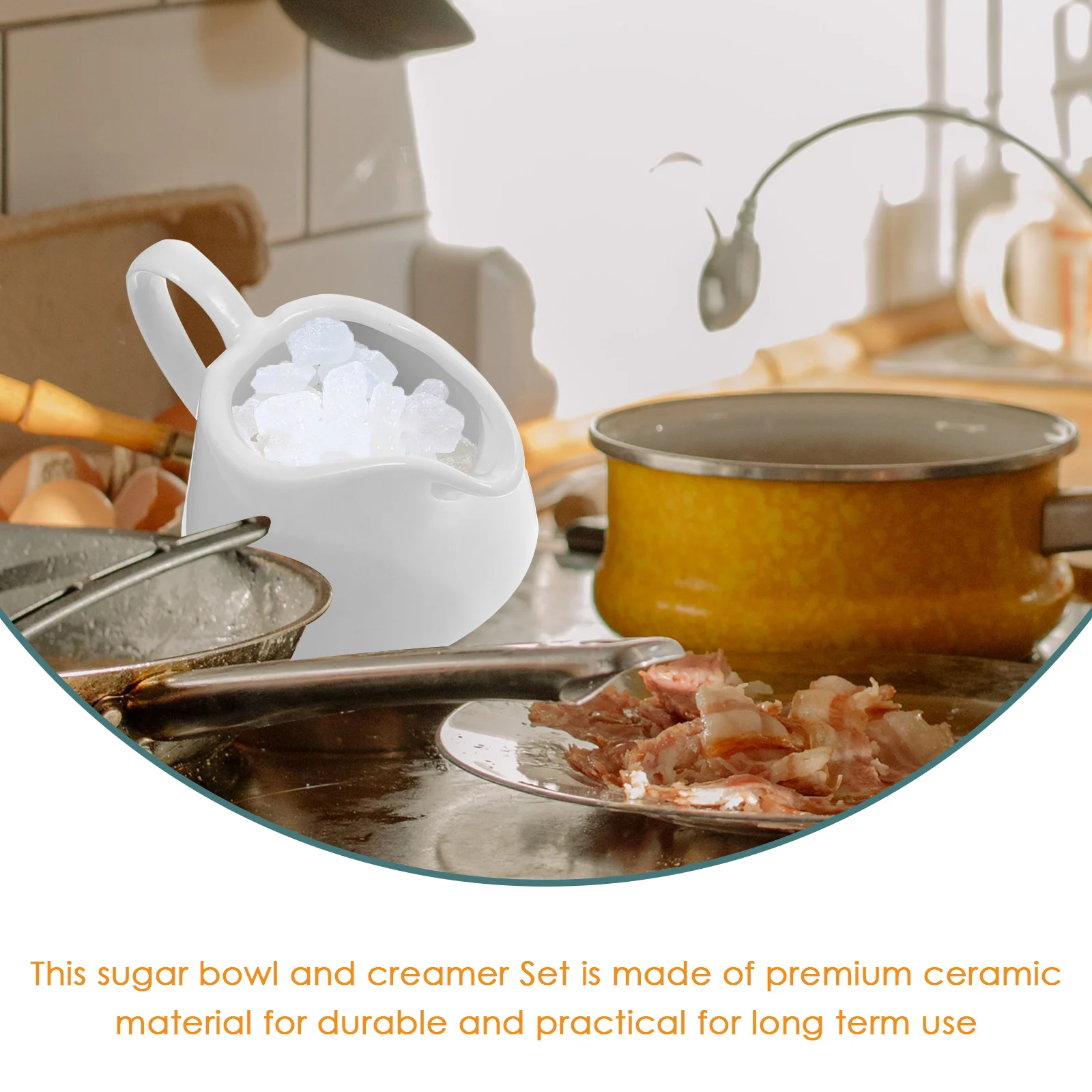 

Ceramic Sugar Creamer Set White Premium Milk Tea Set For Home Decoration Bamboo Tray Included Kitchen Bar