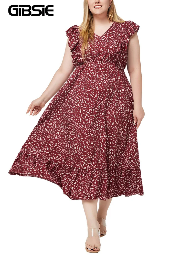 

GIBSIE Plus Size Ditsy Floral V Neck Ruffle Hem Dress 2024 Boho Summer Women Holiday High Waist A-line Pockets Long Dresses