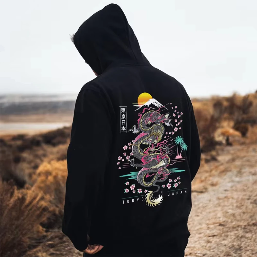 

Japanese Aesthetic Hoodie Street Fashion Wearing Tokyo Retro 80s Dragon Print Flower Long Sleeved Pullover Men Women Same Top