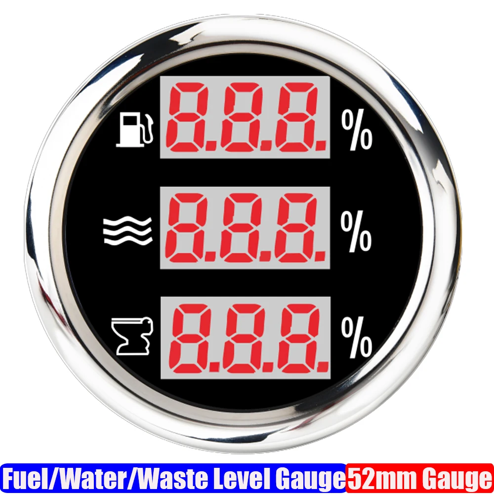 Digital 52mm Fuel/Water/Sewage Level Gauge with Warning 0-190ohm Red LED 3 IN 1 Waste Level Meter for Car Marine Yacht Custom