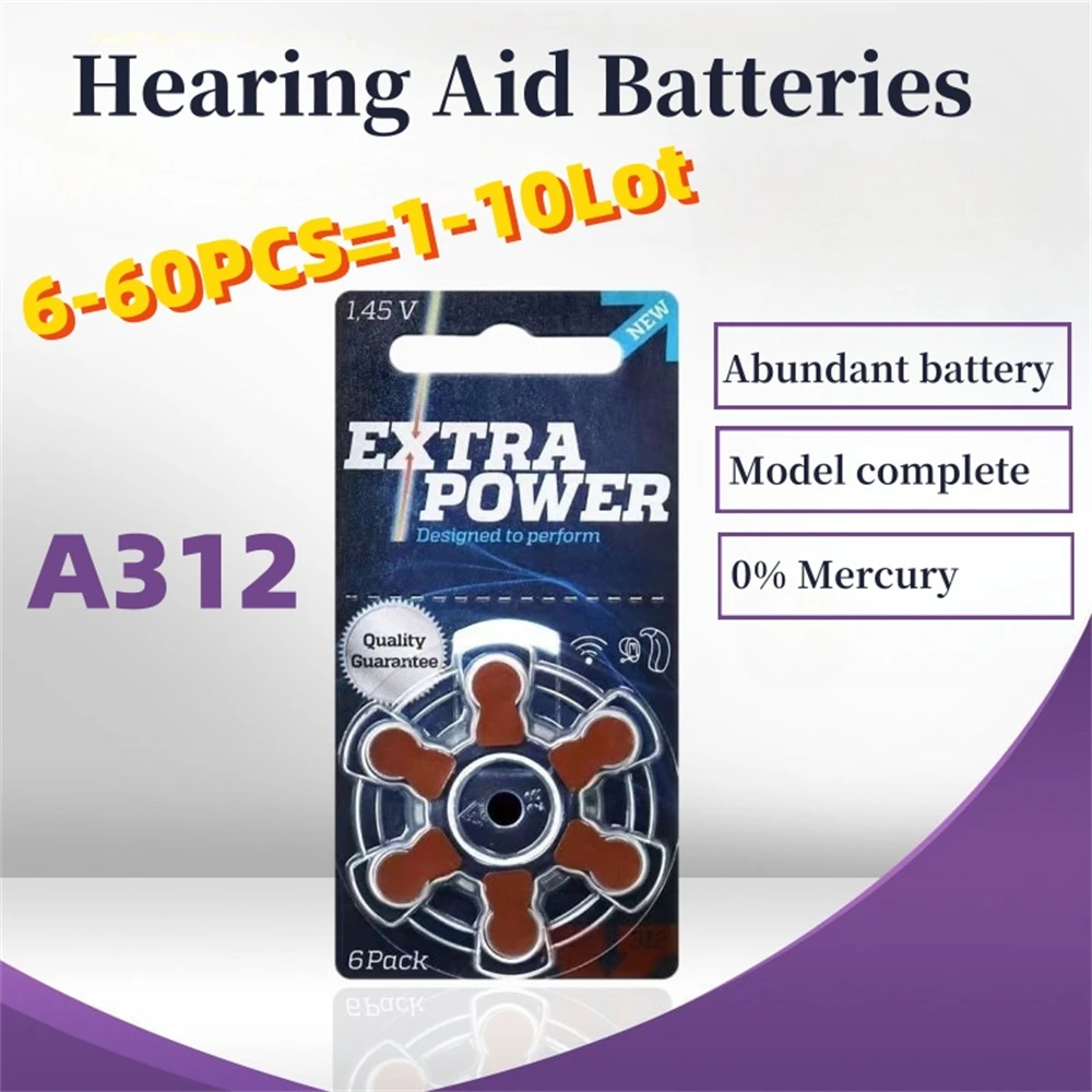 

6-60pcs hearing aid batteries Extra Power size 312, A312, 1,45 V brown PR70 Zinc Air suitable for CIC BTE earphones