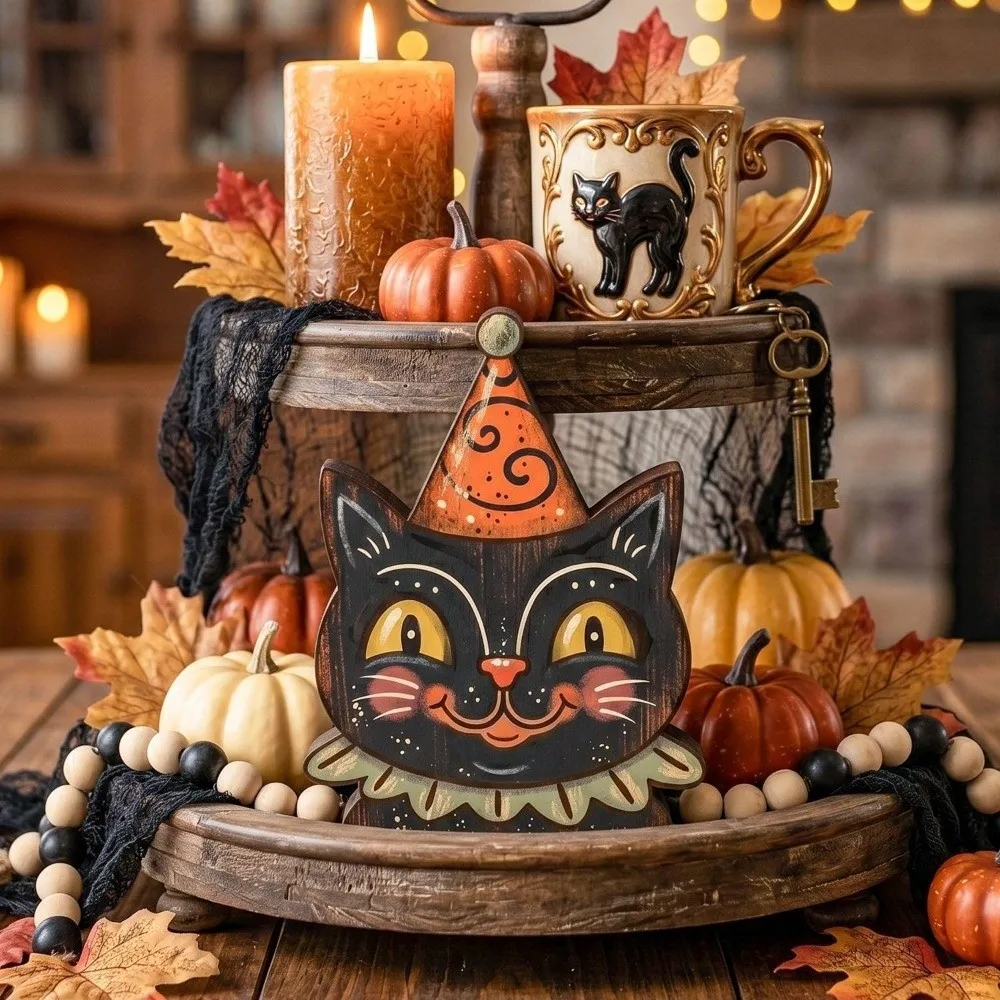 Cartoon Halloween Wooden Tabletop Sign Double Sided Pattern Hand Painted Vintage Bat Black Cat Figurines Integrated