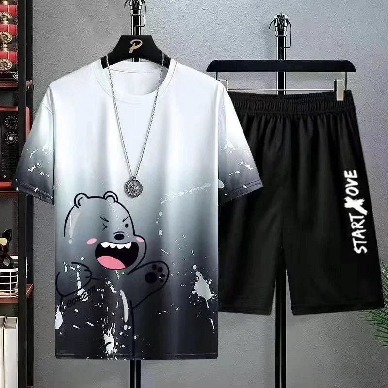 Conjunto de camiseta e shorts com estampa de urso bonito masculino, roupas casuais de tendência respirável, gola redonda, verão, moda, 3D