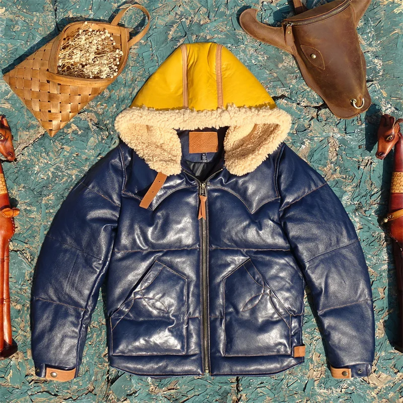 

Men's Winter Thiened Warm Real Leather Jaet Hooded eepskin Fur Inteated down Jaet Youth Faion Urban Sle Curphey