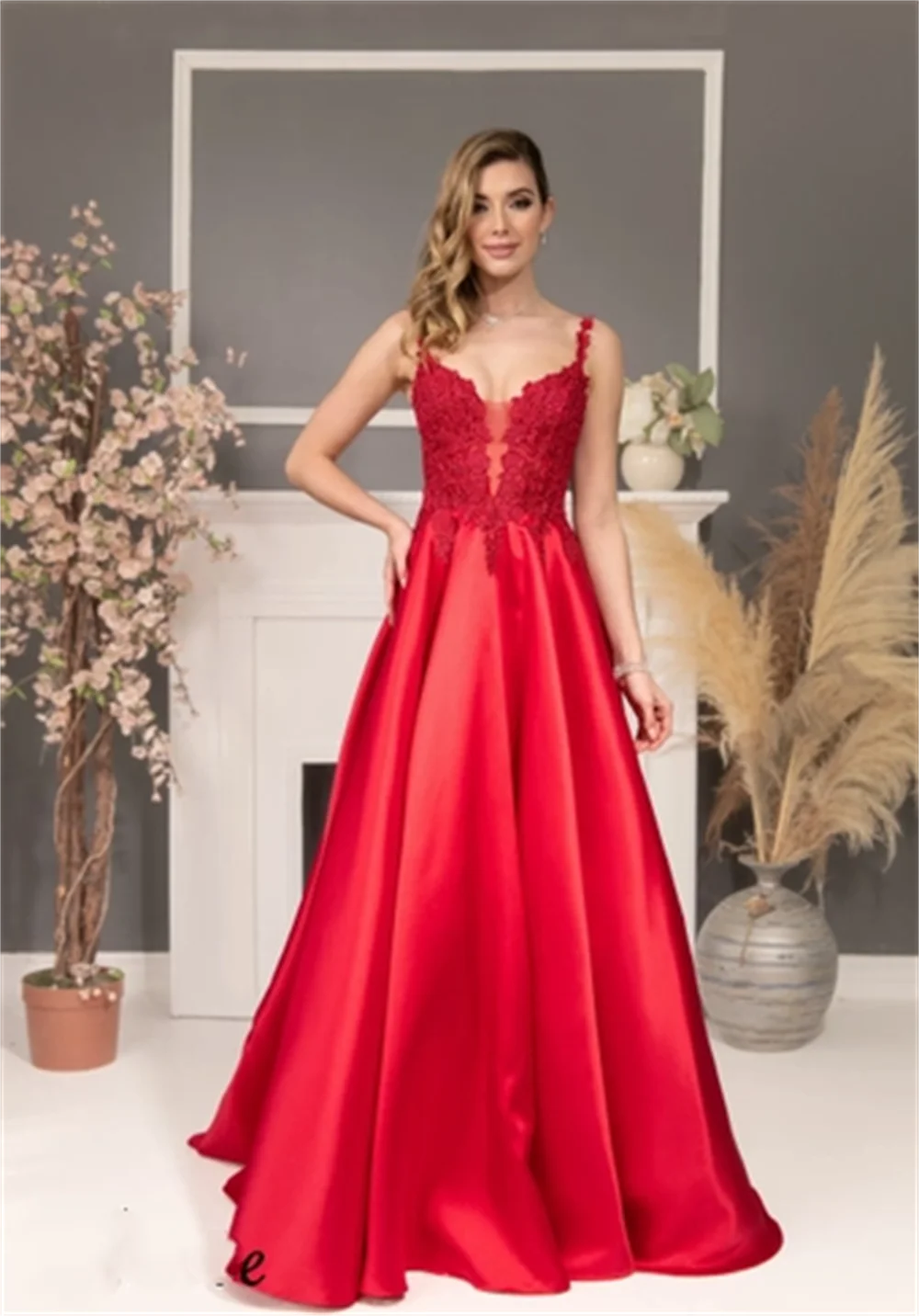 Annie gaun pengantin elegan merah gaun Prom Satin bordir mewah gaun acara resmi wanita model A-line