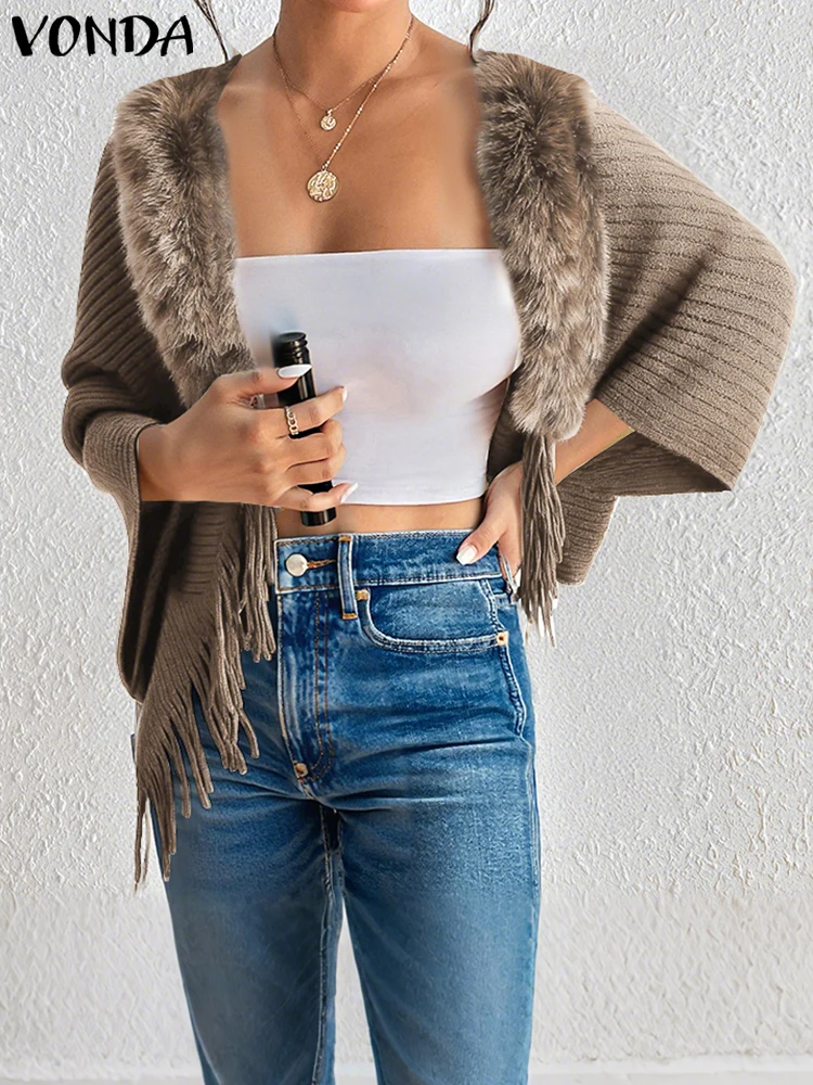 

VONDA женские вязаные свитера, кардиганы, модный свитер с меховым воротником и кисточками, осень-зима 2022, повседневный однотонный трикотаж, верхняя одежда, топы