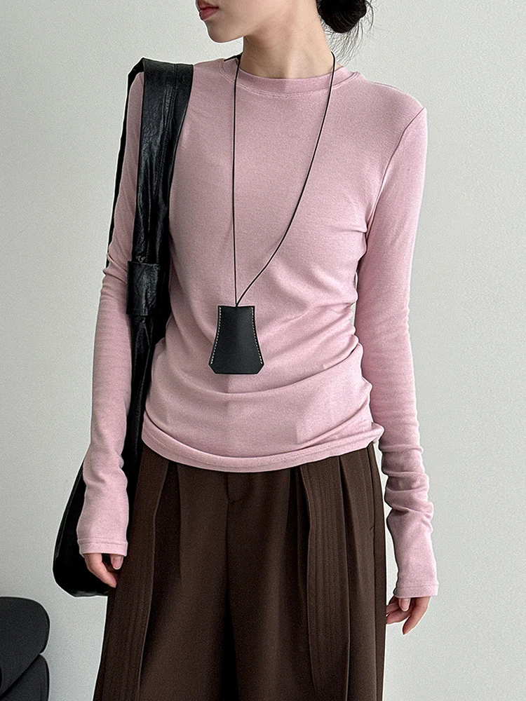 Women Apricot Brief Plain Color Slim Elegant T-shirt New Round Neck Long Sleeve Fashion Tide Spring Autumn