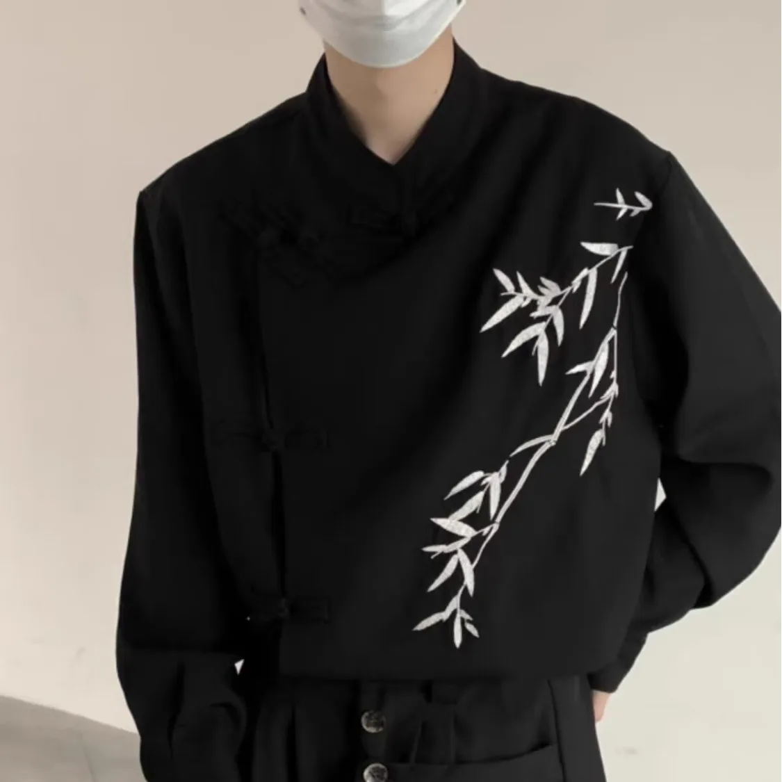 

Autumn Winter Large Size Men's irt Long Sve Embroidered National Sle Stand Collar Bla High End Feeling Casual irt