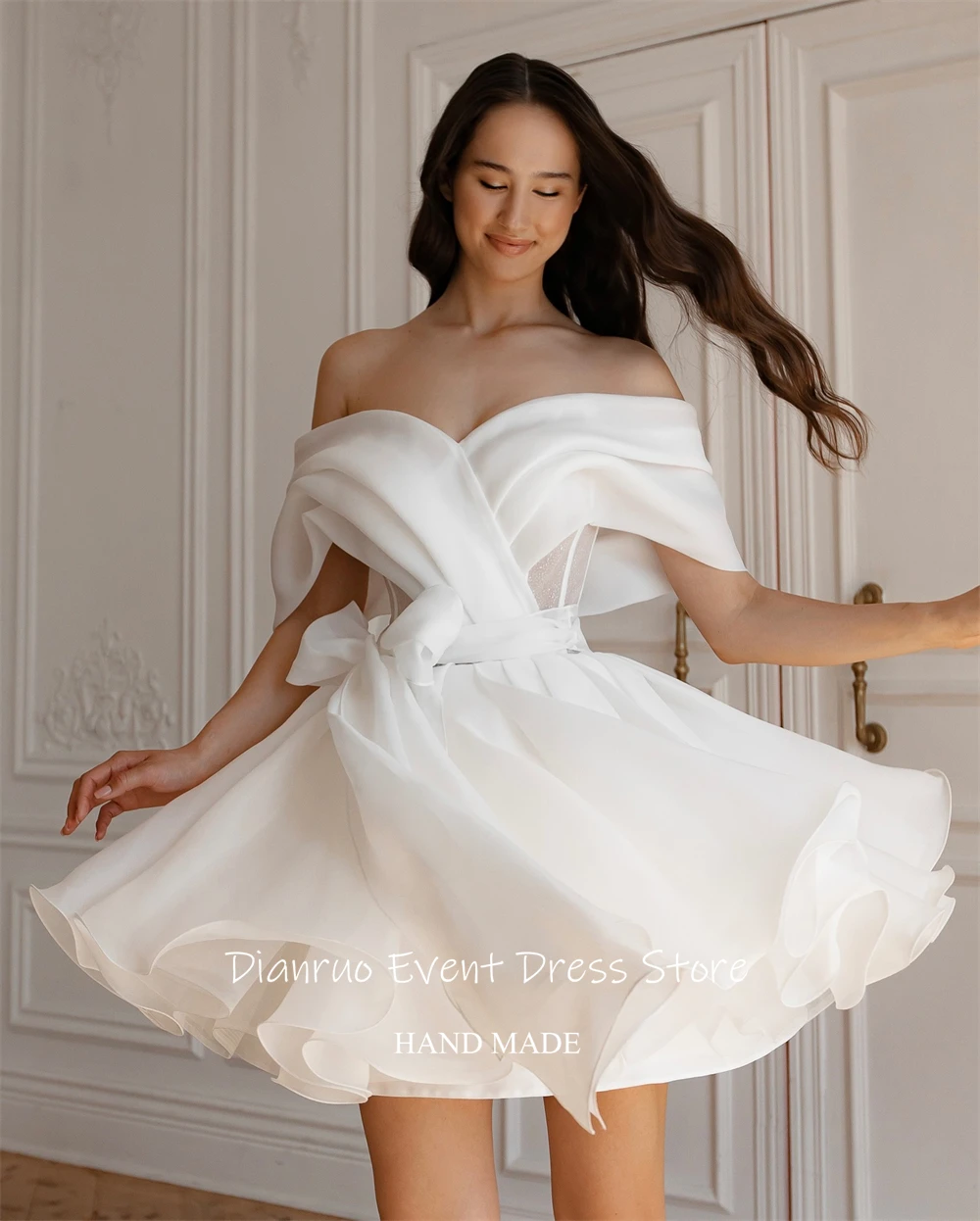 Dianruo Bow Belt Wedding Dresses Short Length A Line Vestido Noiva Princesa Brilhoso Off Shoulder Robes De Mariée Customized