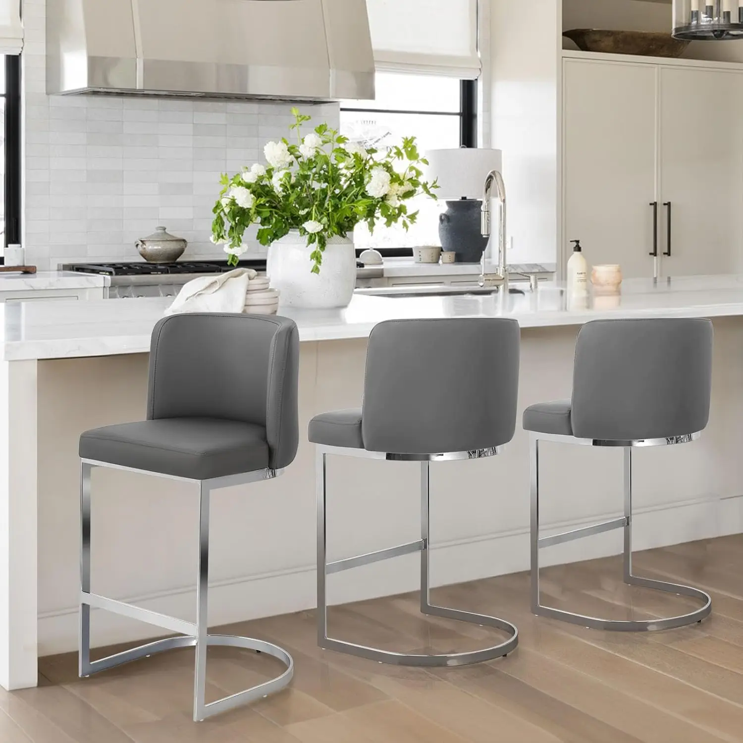 Counter Height Bar Stools Set of 3, Modern 26" Counter Stools with Back & C-Shaped Metal Frame, Upholstered Faux Leather Bar Cha