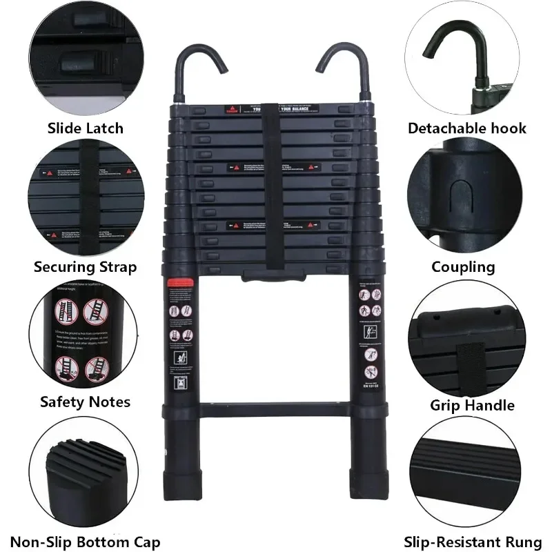Escalera telescópica de aluminio de 12 pies con 2 ganchos de techo desmontables (2,8 pulgadas), escalera de extensión telescópica liviana para el hogar