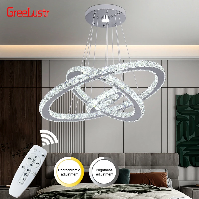 Modern Crystal Rings Led Chandelier Indoor Luxury Ceiling Lamp Dimming And Remote Control Pendan Lighting Chrome Lustre Fixtures