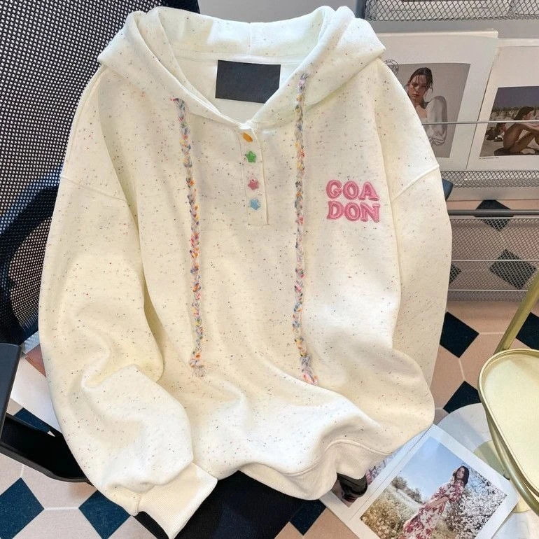 Korean Style Colorful Dots Embroidery Hoodie Men Women Autumn Loose Hooded Sweatshirt Unisex Trendy Outerwear New