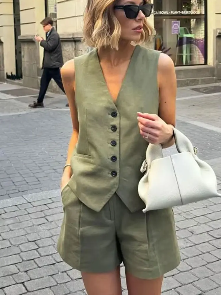 HH Causale Lino Solid Gilet per le donne 2024 Estate senza maniche con scollo a V monopetto Office Lady Fashion Gilet di lino Top