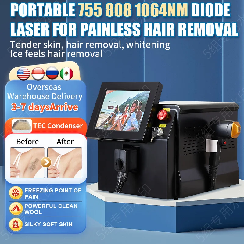 2000w USA Diode Laser Bar 3 Waves 755 808 1064nm Body Face Depilation Ice Hair Removal Equipment For Salon/ Home Use