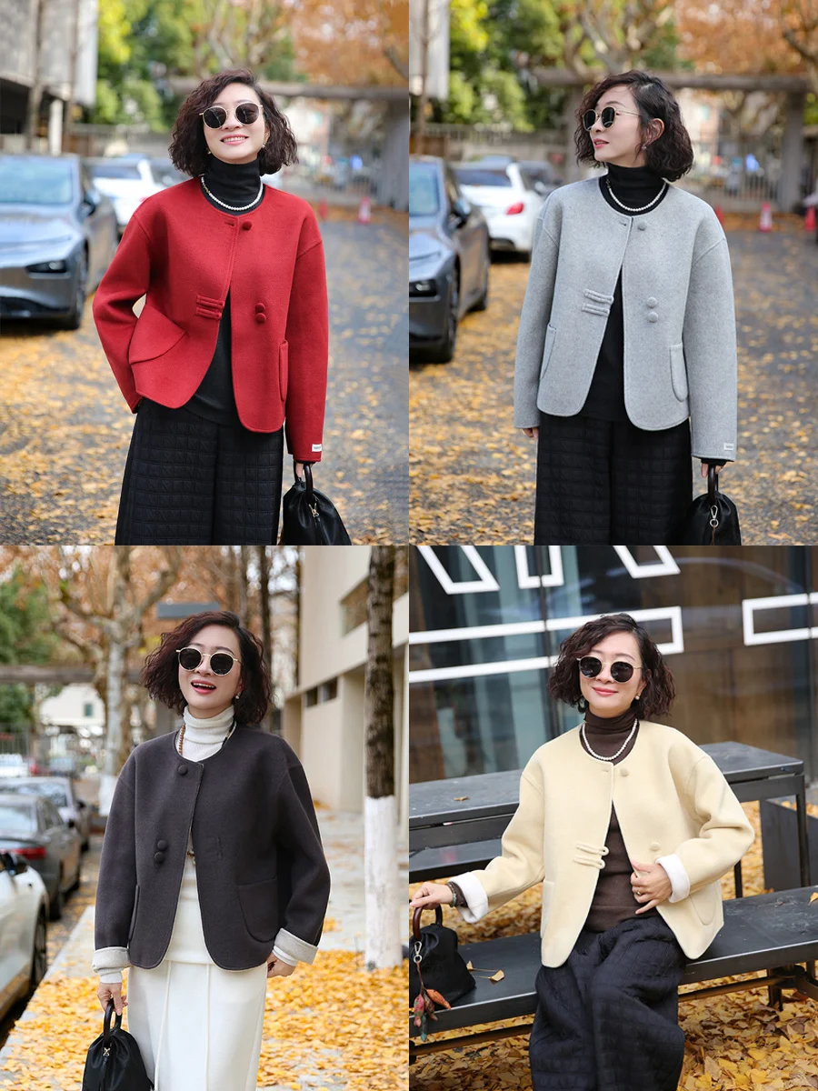 

Double-Sided Wear Woolen ort Coat Casual Commute Warmth Chinese Retro Sle Float Flower Polyester Fiber Coat for Women