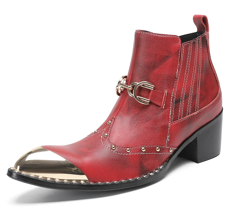 Designer Metall Karree Cowboy Motorrad Kurze Stiefel Männlich Große Größe Nieten Echtes Leder Stiefeletten Business Formale Schuhe – Detail 9