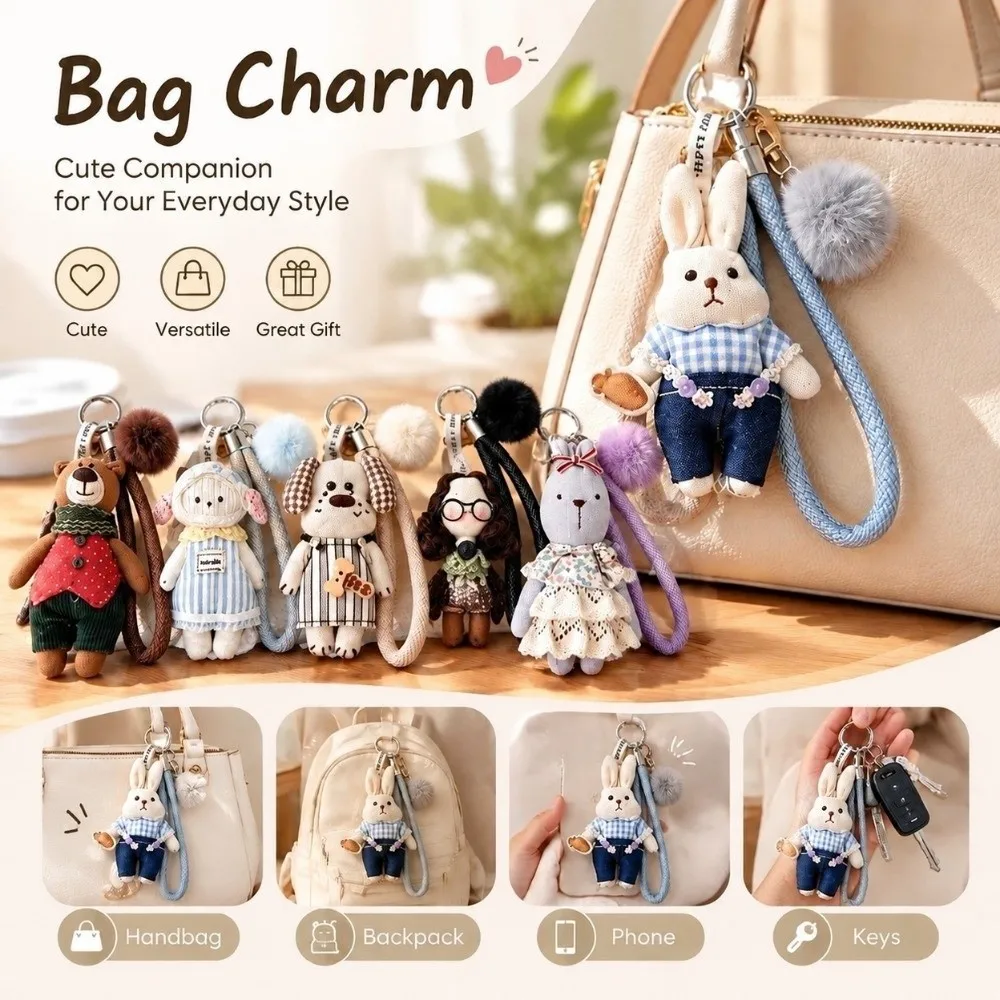 Lightweight Bear Pom-pom Charm Soft Plush Hanging Ring Cartoon Doll Keychain Pom-pom Forest Style Keychain Bag Phone Decoration