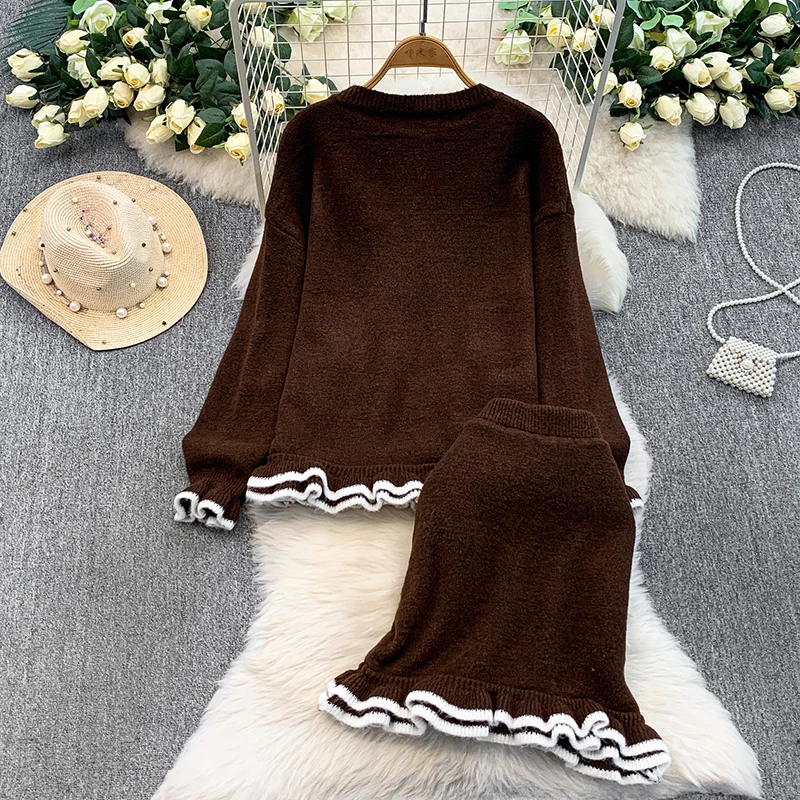 気質のあるカラーブロックニットのフリル付きラウンドネックカーディガンジャケット+ハイウエストスリムフィッシュテールハーフスカートセット