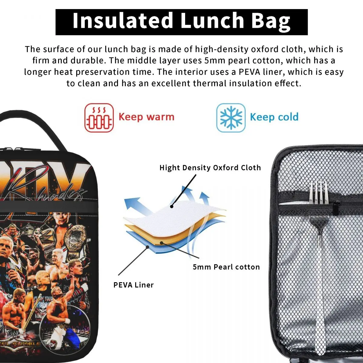 Bootleg Style Cody Rhodes Wrestling Insulated Lunch Bag For School Office American Nightmare Finished Story Food Bag Lunch Box