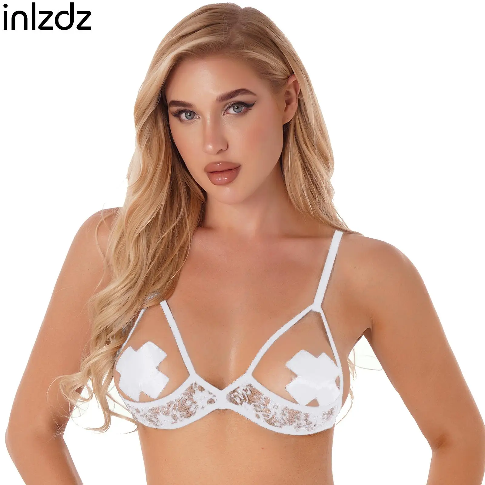 

Women Sheer Floral Lace Hollow Out See-through Lace Unlined Wireless Bra Tops Open Nipples Lingerie Brassiere