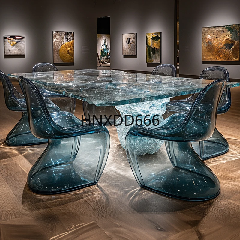 Restaurant transparent resin creative personality glacier rounded corner rectangular dining table