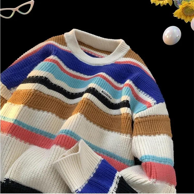 

Men's Oversize 250 Pou round Ne Striped Sweater American Hiphop Design Casual Lazy Sle Knitted irt Autumn Winter