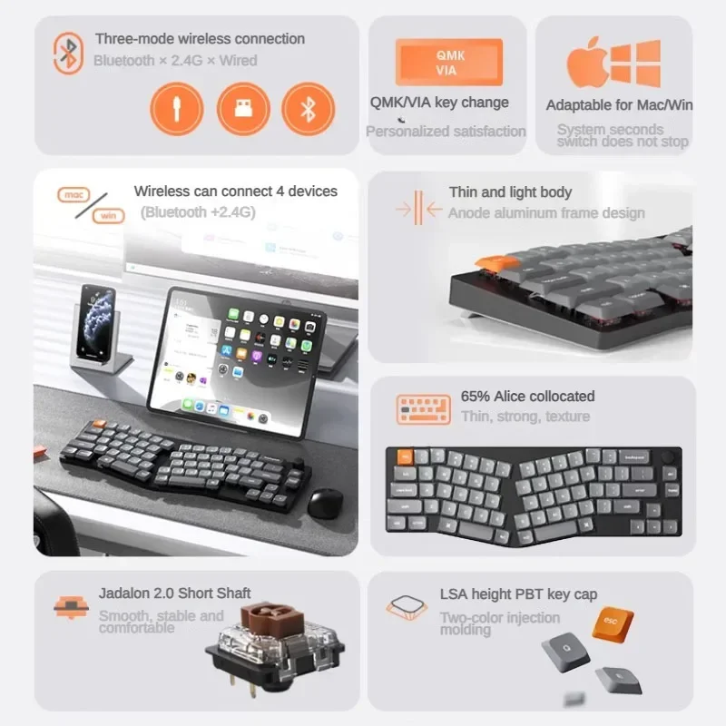 Original K11Max Alice Mechanical Keyboard Wireless Bluetooth Tri-Mode RGB Thin Light Portable Pc Office Gaming Accessories Gifts