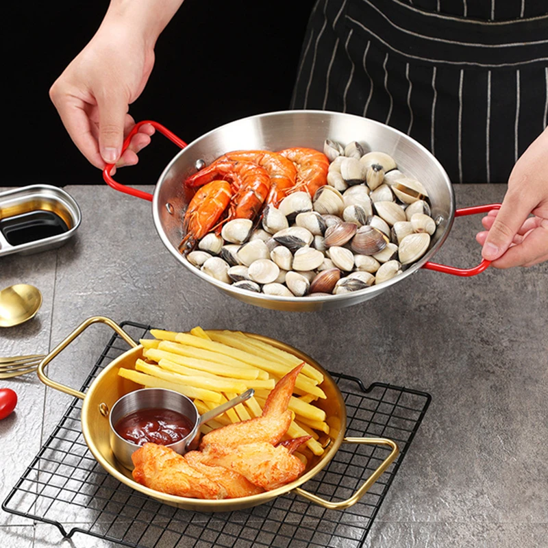 20-34cm Spanish Paella Cooking Pot Stainless Steel Seafood Frying Pan Double Handle Tableware Snack Plate Kitchen Tool Food Tray