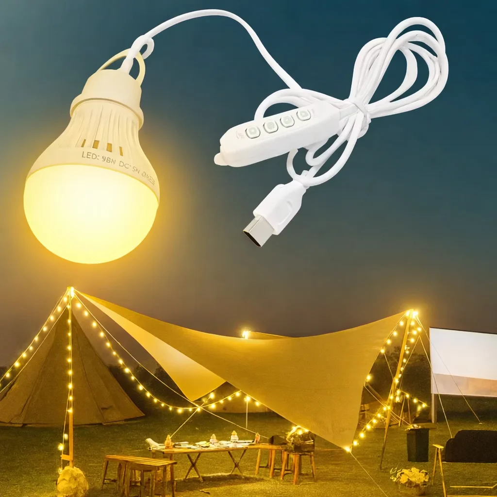 USB Rechargeable LED Camping Light 3-Color Dimmable Emergency Bulb Portable Hanging Tent Lamp Outdoor for Camping BBQ Fishing