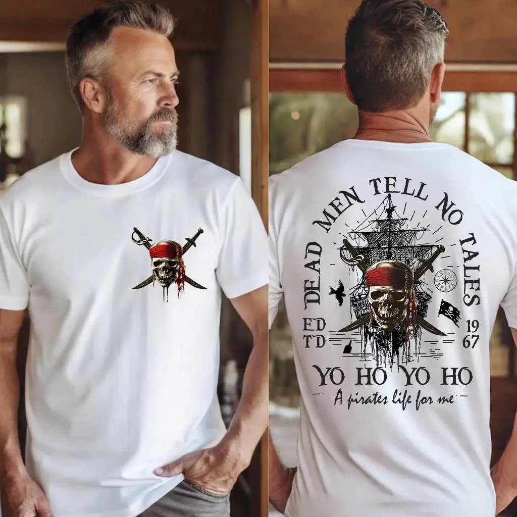Pirate Skull Graphic T - Shirt Men Women Adventure Nautical Tee Beige Short Sleeve