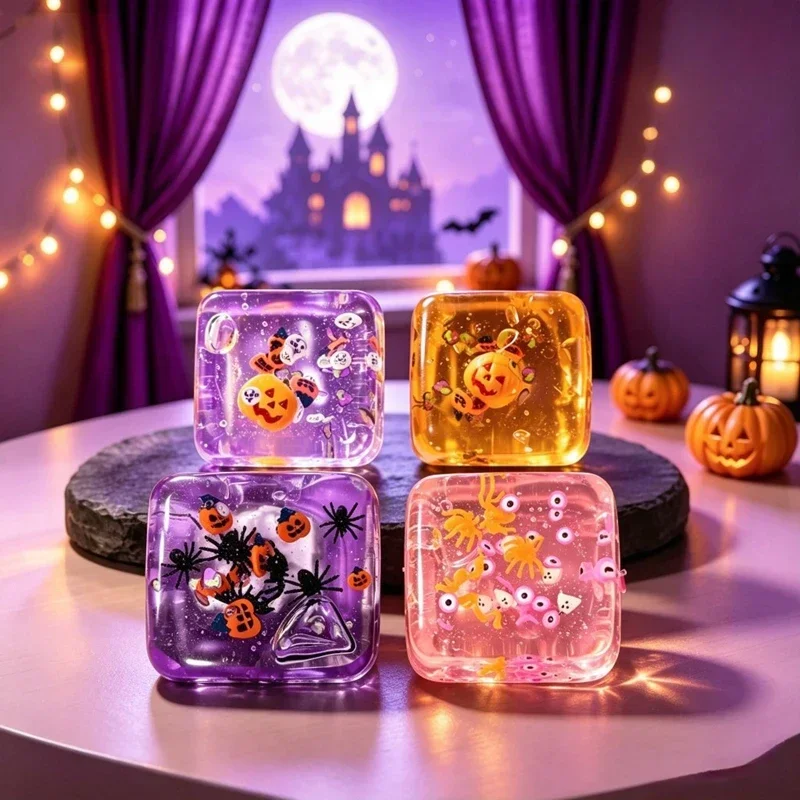 Halloween Christmas Squishy Toy Transparent Cube Squeeze Fidget Toy Ghost Pumpkin Santa Snowman Stress Relief Party Gift Happy
