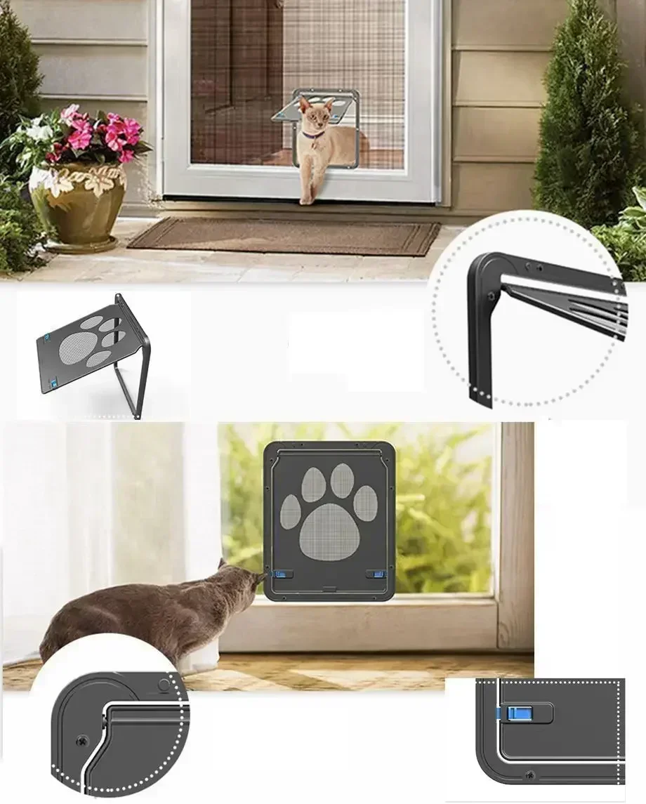 Pet Door New Safe Lockable Screen Easy Install Pet Gate Outdoor Dog Paw Print Door Bite Proof Small Dog Cat Screen Window Door