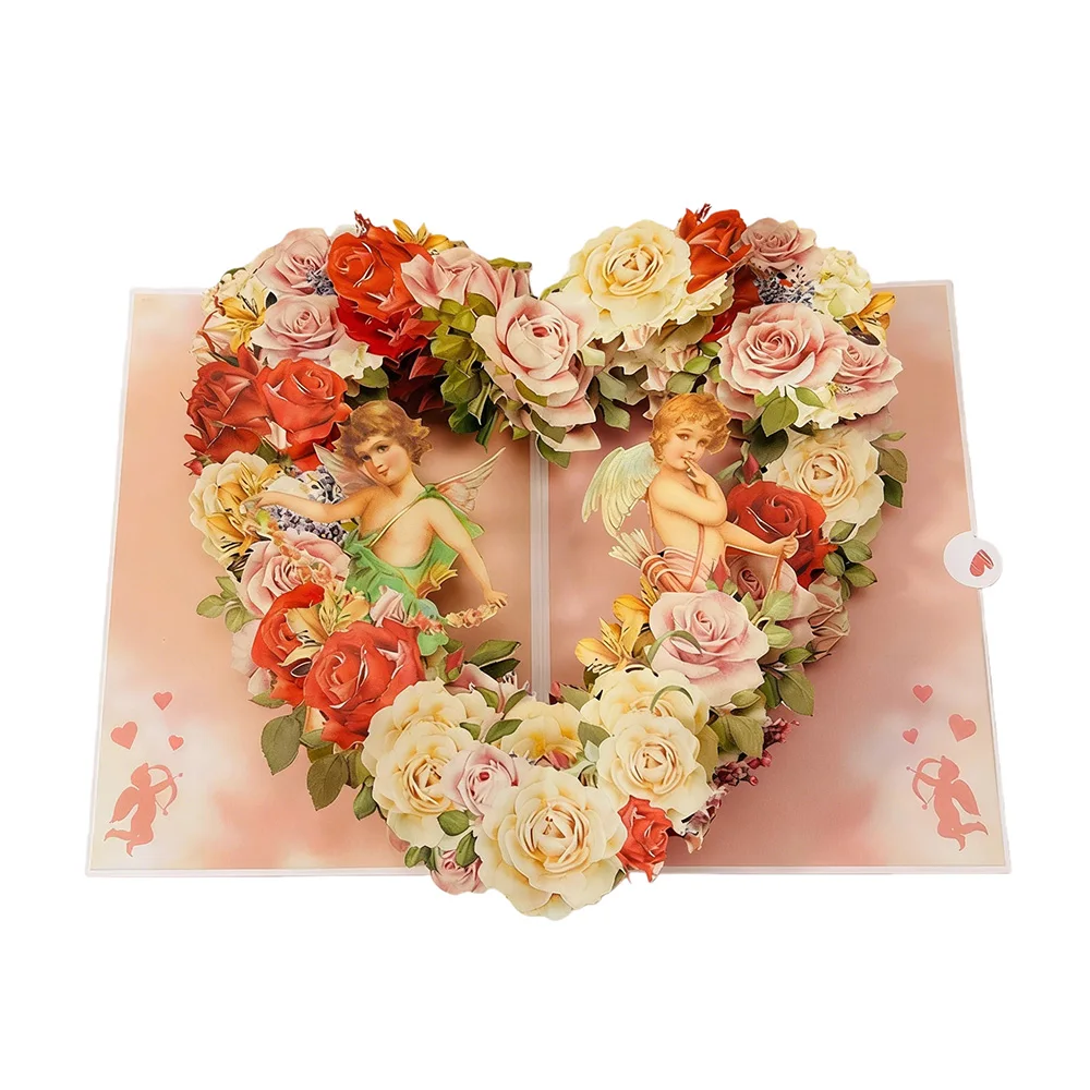 

3D Pop Up Greeting Card Vintage Design Cupid Rose Heart Flower Card for Valentine Wedding Mother's Day Gift with Envelope