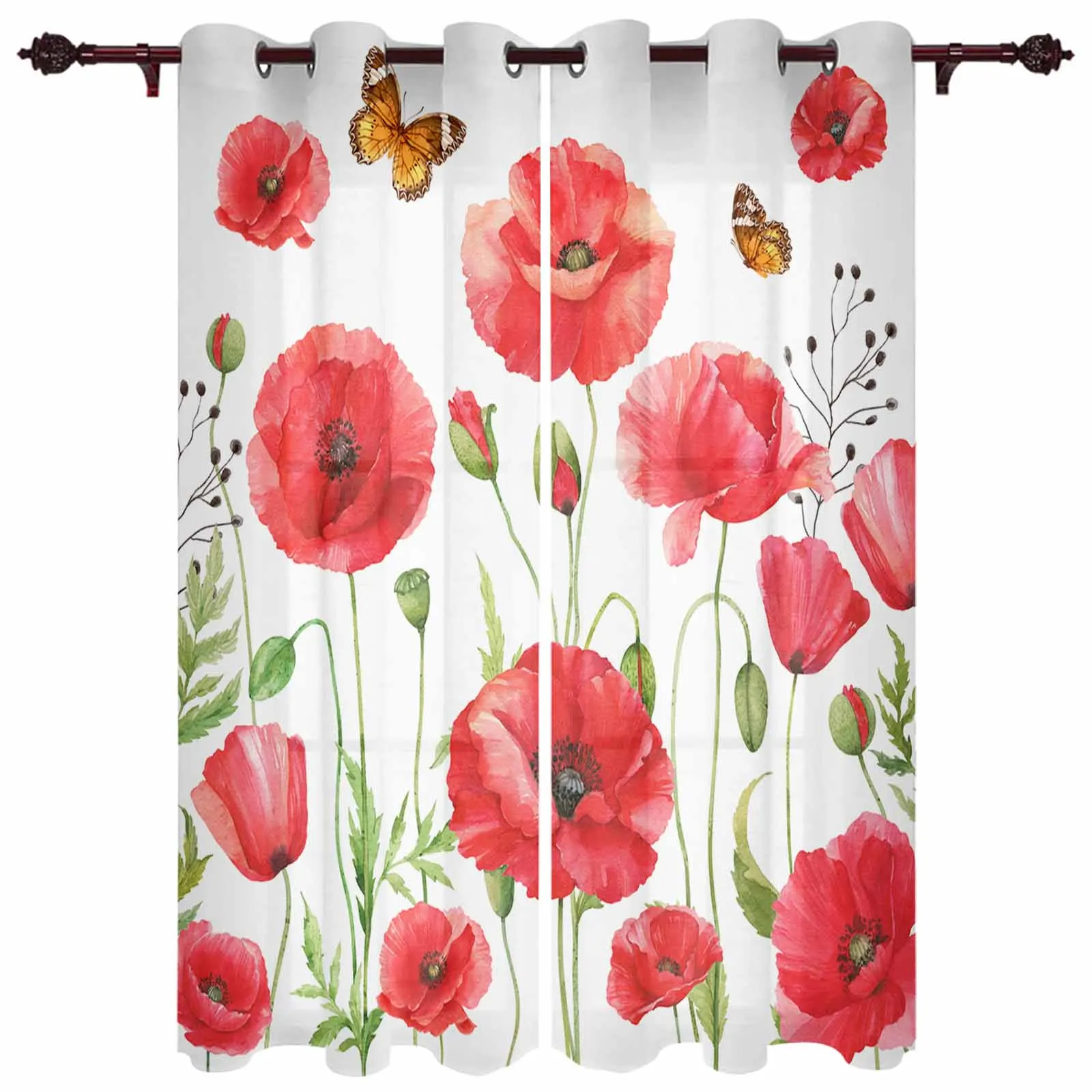 Red Watercolor Poppy Flower Window Curtains for Living Room Luxury Bedroom Curtain Kitchen Blinds Drapes Curtains