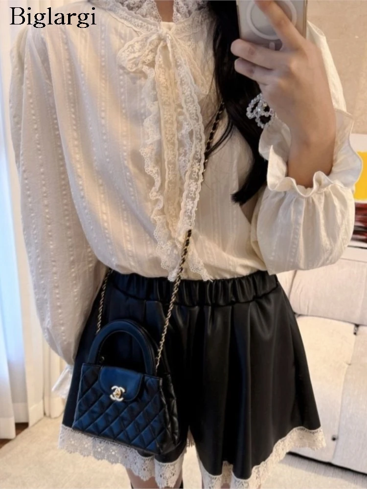 

Весенние рубашки с длинными рукавами, топы, женские кружевные лоскутные блузки с вышивкой Modis, милые женские блузки, свободные плиссированные женские рубашки в корейском стиле