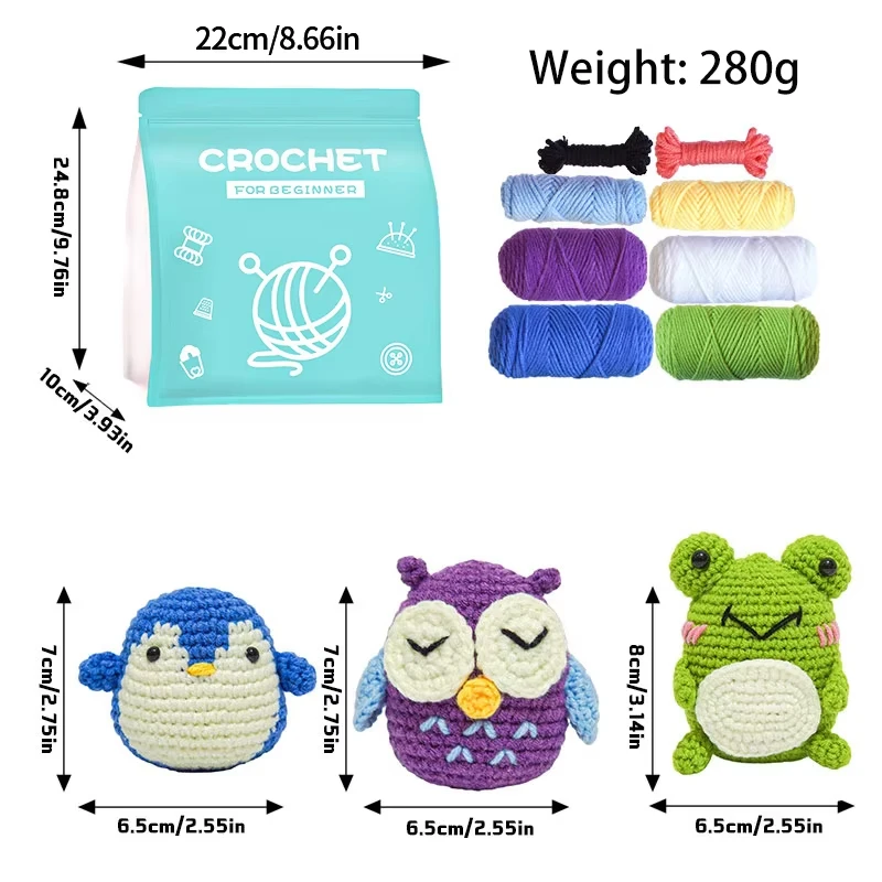 Crochet Kit for Beginner Crochet Knitting Kit Cute Frog Owl Penguin Animal Dolls Starter Pack with Crochet Tool Set and Instruct
