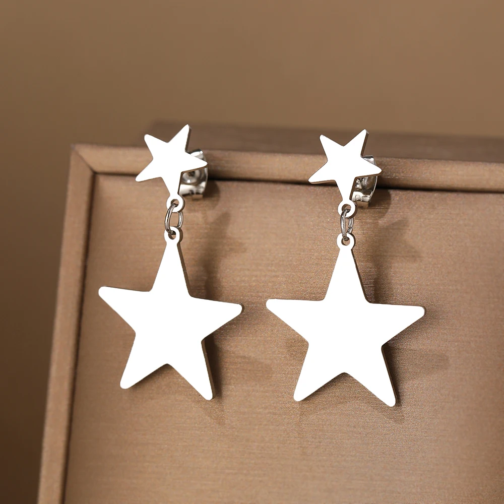 Stainless Steel Earrings Kpop Double Star Trend Fine Korean Fashion Pendants Earrings For Women Jewelry Party Lady Girls Gifts