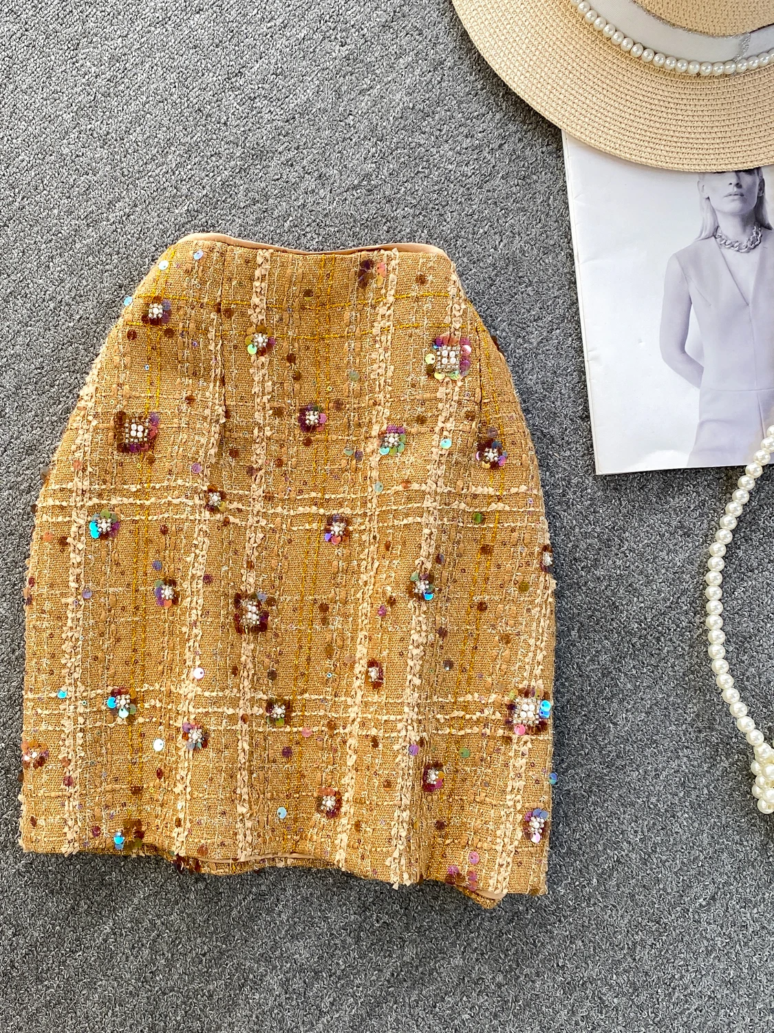 Ele Heavy Embellied Sequin Tweed Slim Fit Damenrock Luxus SLE High Waist Ballkleidrock mit