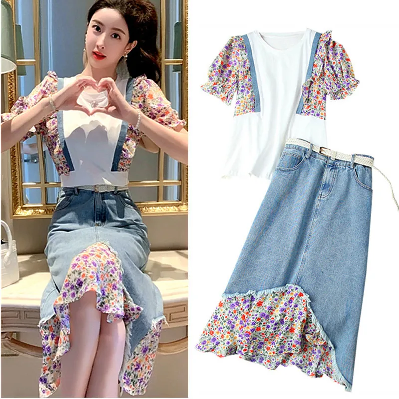 

With Sashes Women Summer New Casual White Puff Short Sleeve Patchwork Tees And Feminine Ruffles Denim Jean Skirt Suits Set NZ136