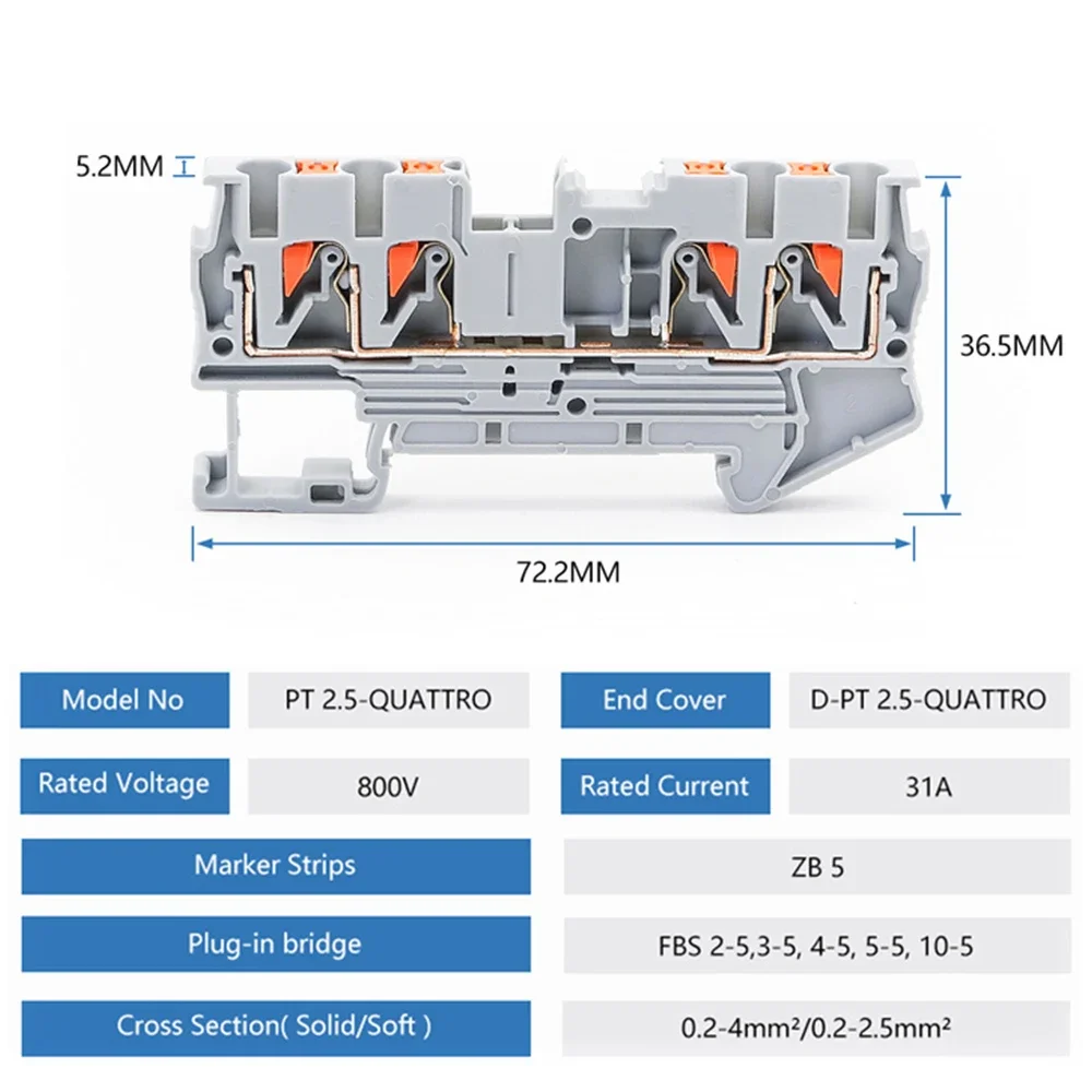 10Pcs PT2.5-QUATTRO Terminal Block 4 Conductors Din Rail Electrical Wire Spring Connection Push In Conductors Wire Connector